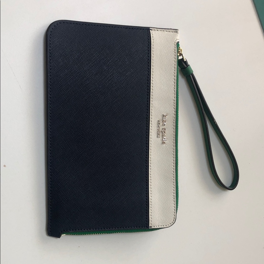 Kate Spade Black and Cream Wristlet with Green Trim